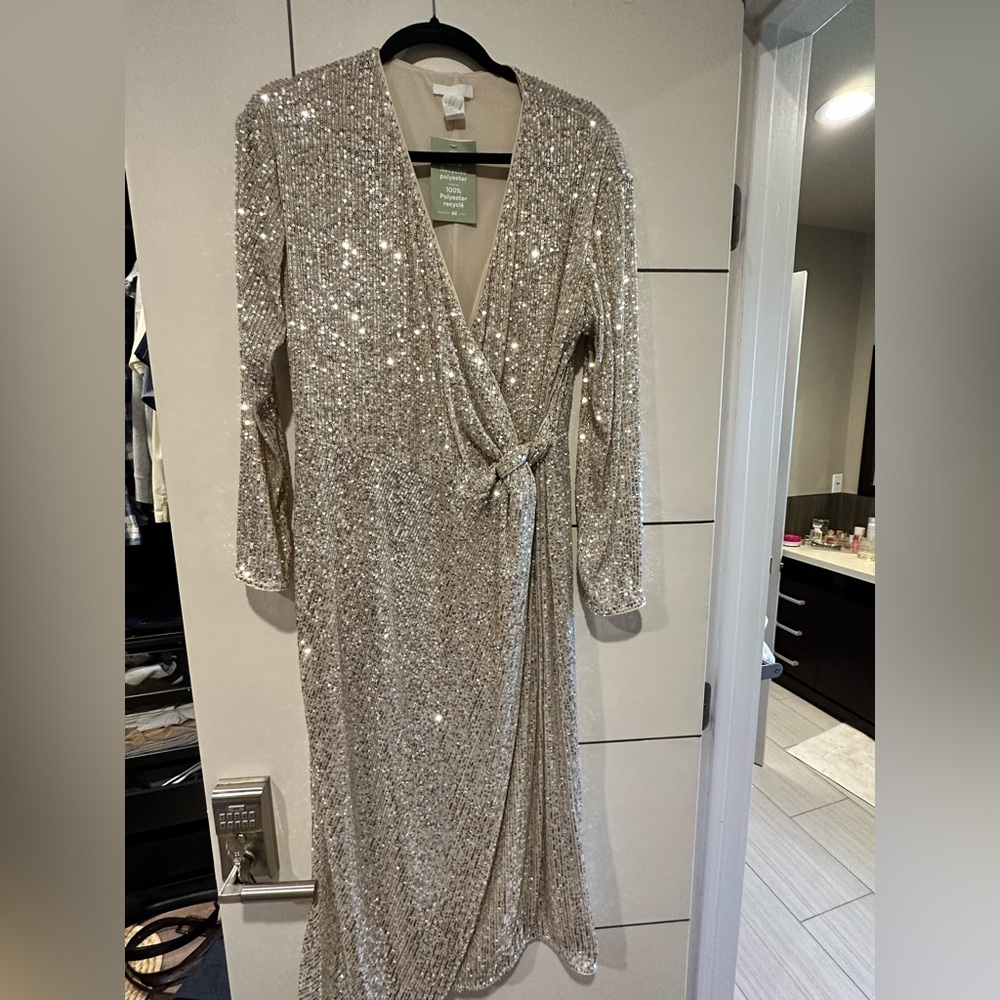 H&M sequin midi dress beige